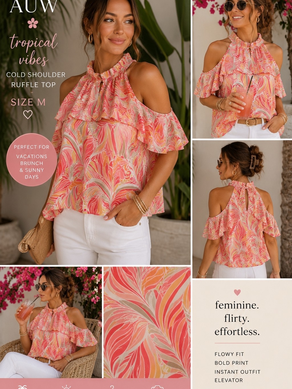 🔥 AUW Tropical Abstract Cold Shoulder Ruffle Blouse Women’s Me 🔥
